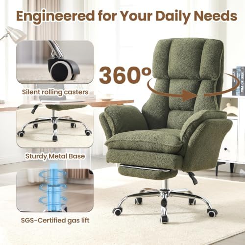 Big and Tall Office Chair with Flip Arms and Footrest, Teddy Criss Cross Legged Home Office Desk Chair with Pet Seat, Comfy Reclining Computer Gaming Chair, Green