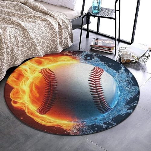 Large Home Decor Mat, Soft Round Yoga Carpet, Non Slip Machine Washable Home Office Circle Rug Water Fire Flame Baseball Sport