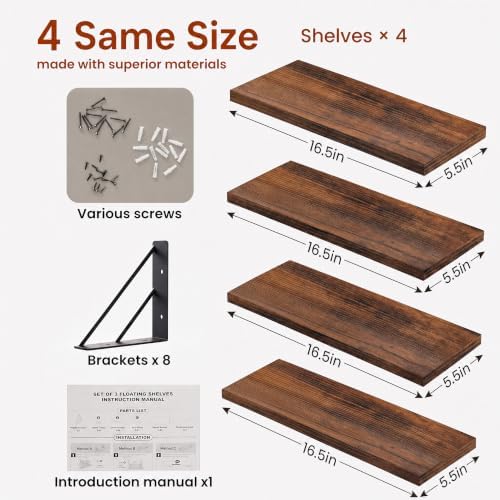BAYKA Wall Mounted Floating Shelves (Rustic Brown, Set of 4, 16" Uniform)