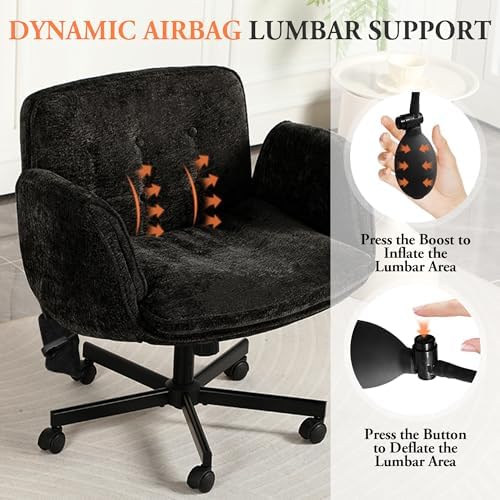 Criss Cross Chair with Lumbar Airbag & Folding Arms Relieve Back Pain, Wide Cross Legged Office Chair for Home Office, Comfy Swivel Desk Chair with Wheels, 5 Level Adjustable Armrest, Chenille(Black)
