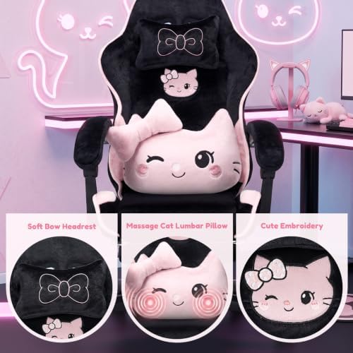 Black Pink Cat Gaming Chair,Ultra Soft Cute Microplush Fleece Desk Chair