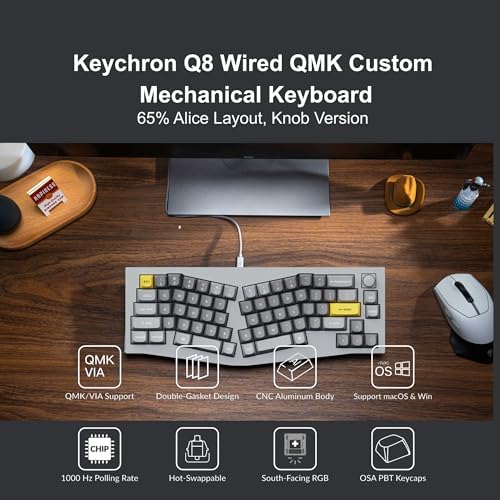 Keychron Q8 Wired Custom Mechanical Keyboard with Knob, 65% Alice Layout QMK/VIA Programmable, Hot-swappable Gateron G Pro Red Switch, Double Gasket Compatible with Mac Windows Linux (Silver Grey)