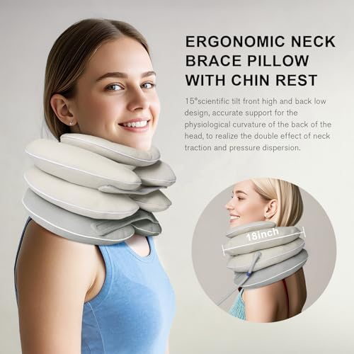Neck Stretcher with Brace - Inflatable Cervical Traction Device for Neck Pain Relief, Adjustable Neck Support Pillow and Decompression Tool with 3+1 Chin Rest, Portable for Home, Office & Travel Use