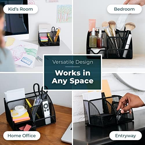 Greenco Mesh Desk Organizer Office & Dorm Room Supplies Caddy, 6 Compartments, Small Black Desk Organizer for Pen, Pencil, Small Office Supplies and Stationary Accessories Storage Organization