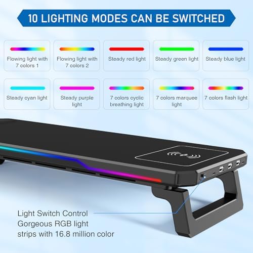 Monitor Stand Riser with USB 3.0 Hub & Type-C Port, 15W Fast Wireless Charging & RGB Lighting, Desk Organizer for Home Office PC iMac 27 Inch (Black)