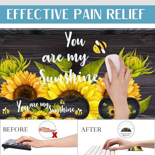 4 in 1 Mouse Pad Combo, Large Gaming Mouse Pad + Keyboard Wrist Support + Mouse Wrist Rest + Coaster, Table Pad with Stitched Edge Ergonomic Wrist Pad Set, Sunflower, You are My Sunshine