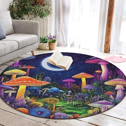 Room Sofa Yoga Soft Round Carpet, Home Decor Non Slip Kitchen Office Circle Rug, Machine Washable Modern Round Area Rug Magic Mushroom Mushrooms Scenery, 36inch