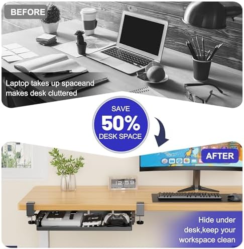 BYMECOST Sliding No Drill Under Desk Laptop Mount, Metal Storage Shelf