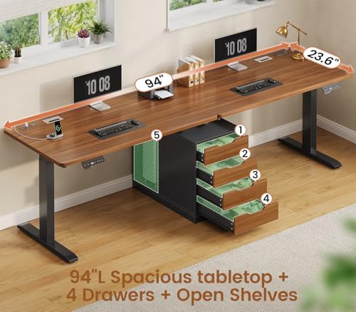 SEDETA Standing Two Person Desk with 4 Drawers, 2 Power Outlets, CPU Stand