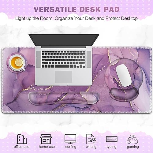 ToLuLu Desk Mat, XXL Large Mouse Pad Wrist Support Set，4 in1 Gaming Mousepad Desk Pad+ Ergonomic Mouse Pad with Wrist Rest + Keyboard Wrist Rest+Coaster for Women Home Office Computer, Purple Marble