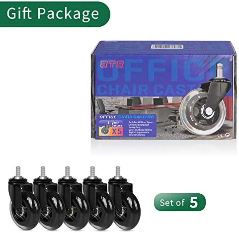 Replacement Office Chair Caster Wheels by 8T8, Set of 5, Rubber Chair Casters with Threaded Stem 3/8''-16X1(NOT Metric M10), Quiet and Smooth Gliding,Safe for Woood Hardwood Carpet Floors