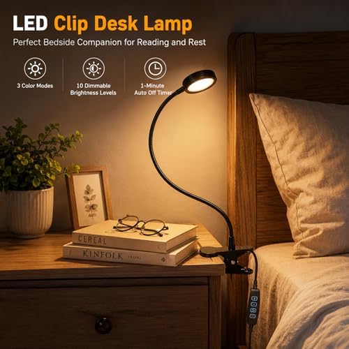 USB Clip-On Lamp, Eye Caring Dimmable Reading Light (Warm+Cool White, 8W)
