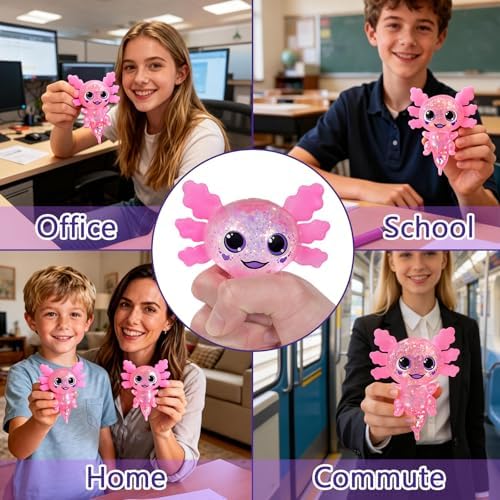 Axolotl Squishy Toy Squeeze Stress Relief Fidget Sensory Toy for Kids Adults, Cute Handheld Stress Ball for Anxiety and Focus, Purple Big Ears(Pink)