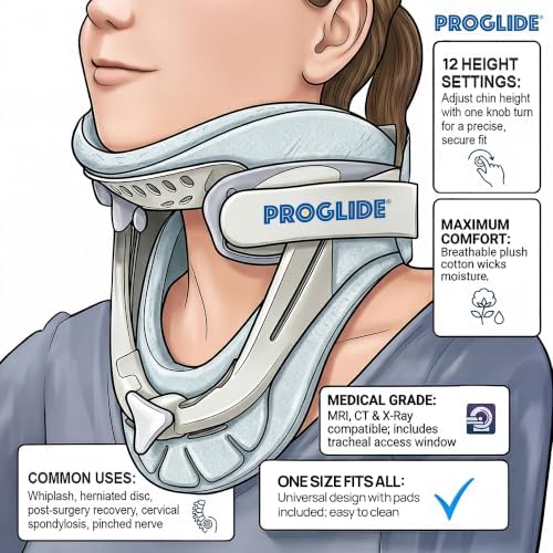 PROGLIDE Cervical Collar Neck Brace — 2-Piece Adjustable Cervical Traction Device with 12 Height Settings, Breathable Plush Padding & MRI Compatible Design — Neck Pain Relief, Whiplash, Post-Surgery Recovery Support for Men & Women