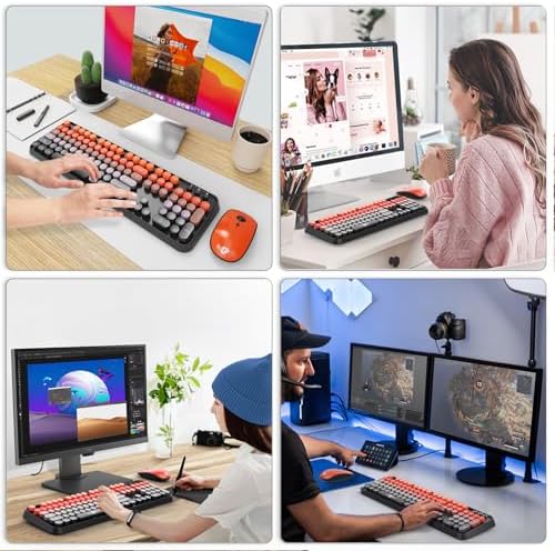 Orange Wireless Keyboard and Mouse Combo,Retro Round Keys, for PC Laptop