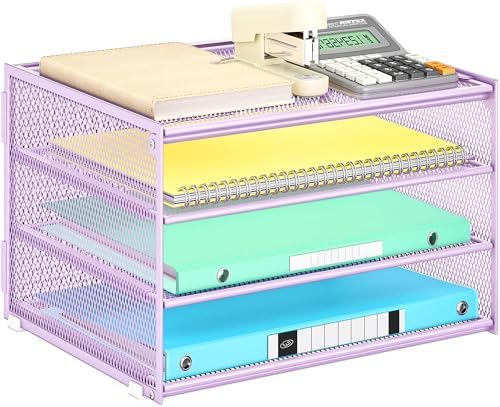 Lavatino 3-Tier Letter Tray Desk Organizer – Purple Mesh Metal Paper File Tray Organizer for Desk, Office Supplies & Home Organization | Fits A4/Letter Paper, Mail, Magazines and Office Accessories