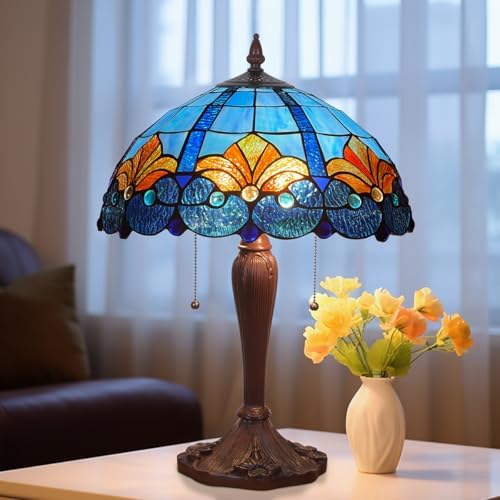 Tiffany Table Lamp 16" Blue Large Stained Glass Desk Reading Light