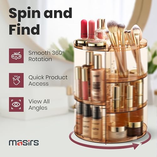 Masirs 360 Rotating Makeup Organizer Countertop, Adjustable Shelf, Brown