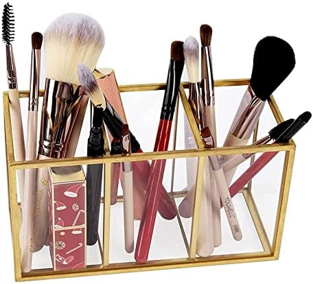 NIUBEE Acrylic Pen Holder 3 Compartments, Gold Pencil Organizer Cup for Countertop Desk Accessory Storage