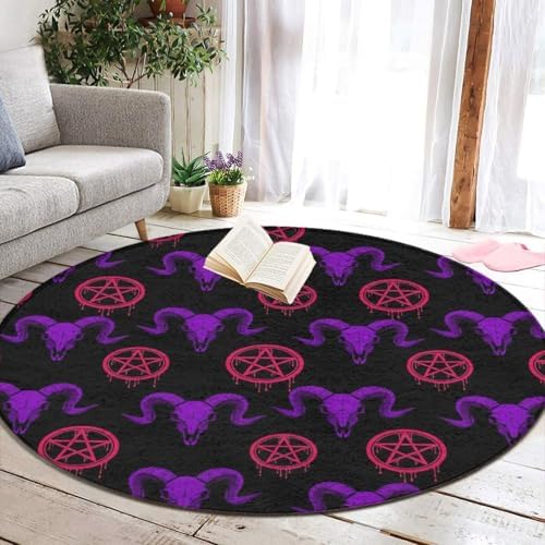 Large Home Decor Mat, Soft Round Yoga Carpet, Non Slip Machine Washable Kitchen Office Circle Rug Mystical Ram Skull, 24inch
