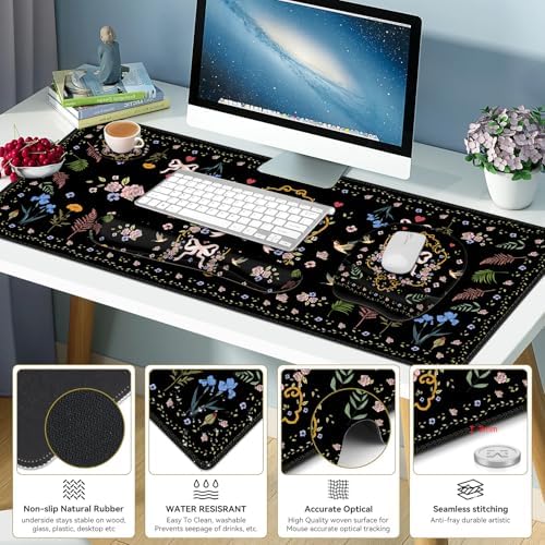 Mouse Pad with Wrist Support 4 in1 Set, XXL Big Game Mousepad + Keyboard Wrist Rest + Mouse Wrist Rest Pad +Coaster Gaming Mat for Home Office Work Computer Laptop I Vintage Floral Romantic Bow