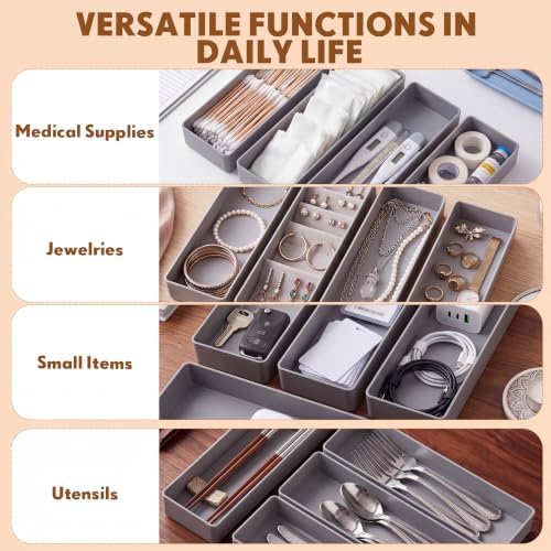Teling 12 Pcs Grey Plastic Desk Drawer Organizer Pen Tray Shallow