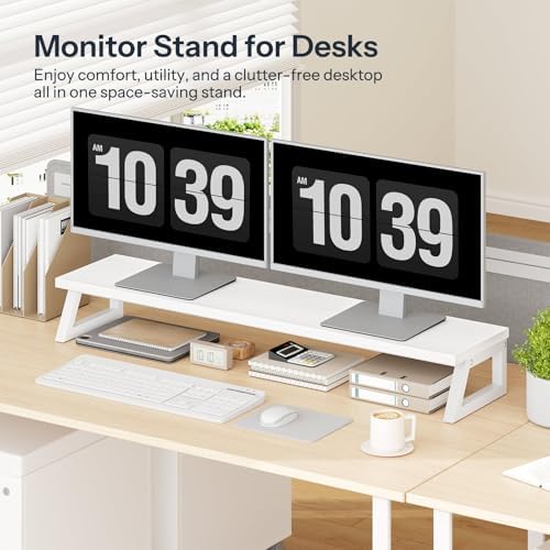 HOOBRO Dual Monitor Stand Riser, 39 Inch Large Computer Monitor Stand for 2 Monitors, Computer Monitor Riser, Desk Shelf Organizer for Office Desk, Accessories, White WW121CJ01