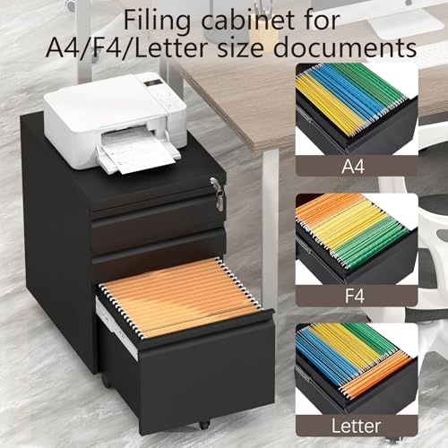 3 Drawer File Cabinet on Wheels,25.6" H Black Filing Cabinet with Lock,Under Desk Metal File Cabinet for Home Office Organizer Letters/Legal/A4(Fully Assembled) (Black)