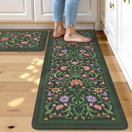 Collive Kitchen Mats Cushioned Anti Fatigue, Green 17.3"x47"+17.3"x29"