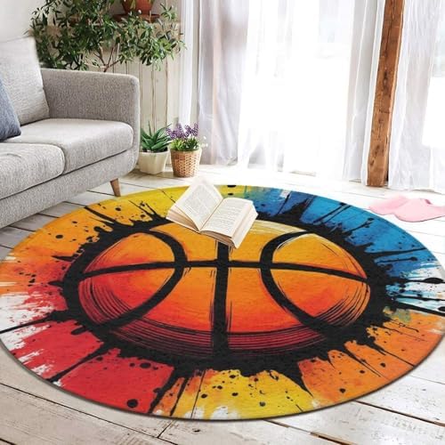 Large Home Decor Mat, Soft Round Yoga Carpet, Non Slip Machine Washable Home Office Circle Rug Basketball