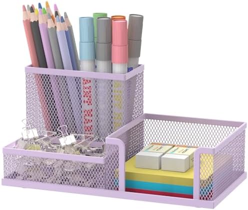 SUPEASY Mesh Pen Holder Desk Organizer, Office Supplies Pencil Storage with 3 Compartments, Office Desk Accessories and Workspace Organizers for Home School Classroom, Purple