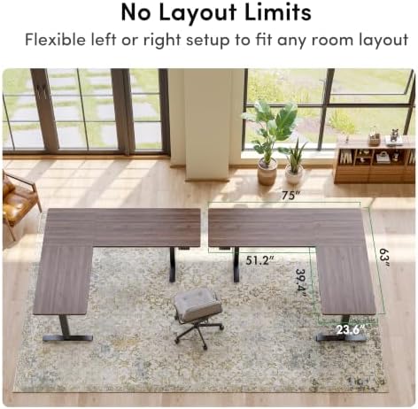 FEZIBO 75" x 63" L-Shaped Standing Desk - Adjustable Corner Desk L Shape, L-Shaped Adjustable Desk with Splice Board, L Shape Standing Desk, Black Walnut