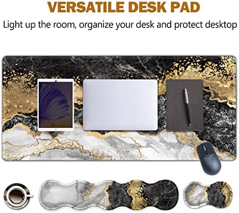 Upgraded Extended Gaming Mouse Pad, Keyboard Wrist Rest Pad, Wrist Support Mousepad Set, Artso Large Stable Rubber Base Stitched Edges, Multifunctional Desk Pad 35 x15.5 in, Black Grey Marble