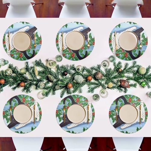 Round Placemats Cat Stretching Non-Slip Stain Heat Resistant Place Mats Washable Table Mats for Kitchen Dining Table Decor, Easy to Clean, Set of 6