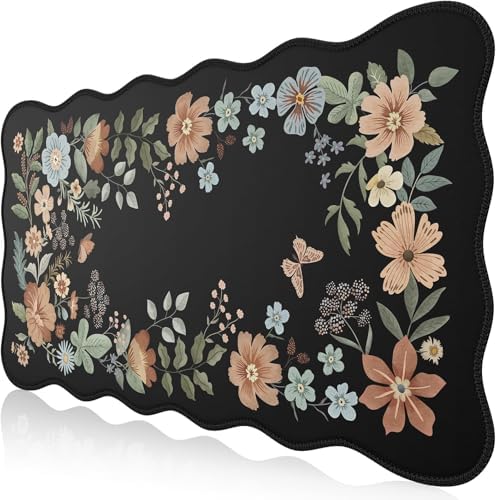 HAOCOO Scalloped Desk Mat for Keyboard, Floral Mouse Pad(Black)