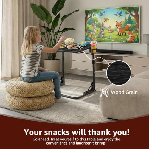 NUTIKAS Folding TV Tray Table - Adjustable Height Sofa Side Table, Wooden Portable Trays for Eating On Couch, Laptop Stand with Cup Holder, C Shaped Foldable Desk