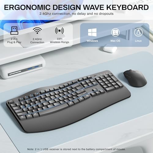 Wireless Keyboard and Mouse Combo,2.4G Full Size Ergonomic Wave Keys(Gray)