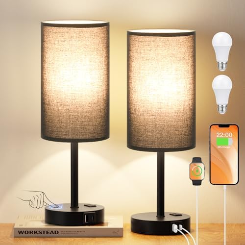 17" Tall Bedside Lamp Set of 2 - Touch Bedroom Lamp with USB A+C, AC Outlet