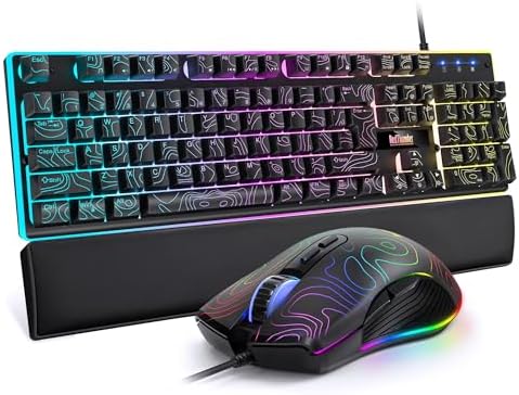 RedThunder K10 Wired Gaming Keyboard & Mouse Combo with Wrist Rest, Adjustable RGB Mechanical Feel Anti-ghosting Keyboard + 7D 7200 DPI Mouse+Soft Leather Wrist Rest for PC Gamers (Black Lines)