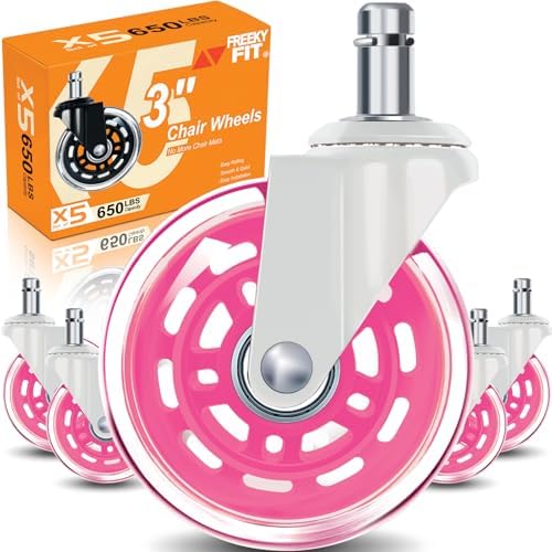 Office Chair Wheels for Casters Replacement - 3" Rubber Wheels for Computer Gaming Desk Caster Smooth & Safe Rolling for All Floors Including Hardwood and Carpet - Set of 5 - Pink