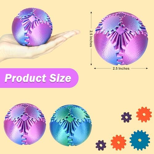 2PCS Gear Ball Fidget Toys Steampunk Gear Sphere Stress Relief for Kids Adults 3D Printed Unique Funny Birthday Gift for Christmas White Elephant Stocking Stuffer Easter (Green+Purple, Dia. 2.5" )