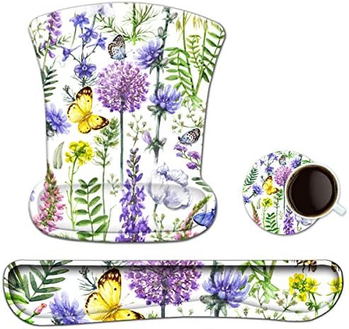 Keyboard Pad Wrist Rest Mouse Pad, ToLuLu Gel Ergonomic Mouse Pads for Computer Laptop Office, Mousepad Keyboard Wrist Support Memory Foam for Easy Typing & Pain Relief, Purple Floral Yellow Butterfly
