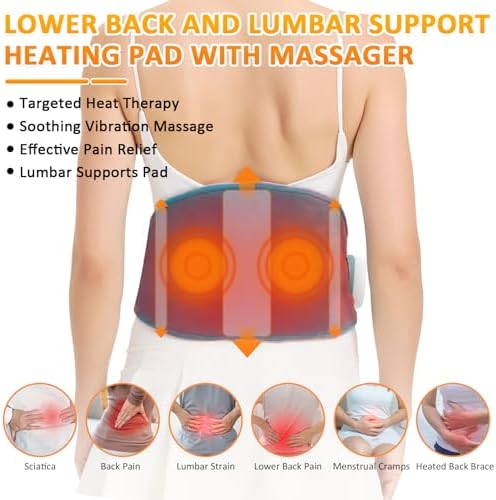 Cordless Back Heating Pad for Back Pain Relief, Massager Vibration Low Noise Upgraded 5000mAh Rechargeable Battery Heating Pad for Back, Heated Wrap for Back, Auto Shut Off