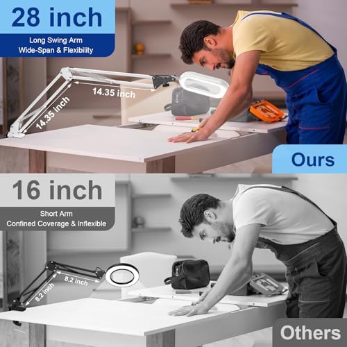 14.35" Large Magnifying Glass with Light and Clamp, Real Glass, 5 Color Modes, Stepless Dimmable, Lighted Magnifier with Stand Hands Free, LED Swing Arm Desk Lamp for Close Work, Craft, White