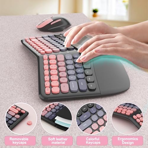 Ergonomic Wireless Keyboard Mouse, Mechanical Gaming Set with Wrist Rest