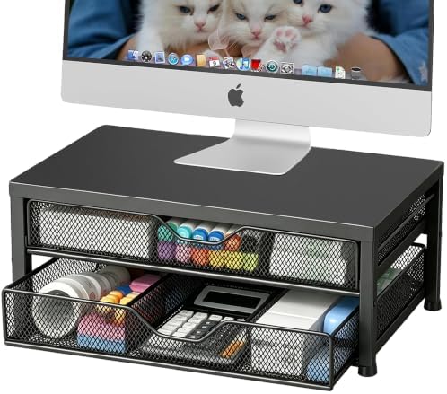 OPNICE Desk Organizer and Accessories, 2-Tier Computer Monitor Stand Riser with 2 Drawer, Laptop Stand, Office Desk Accessories for Office Supplies, Black