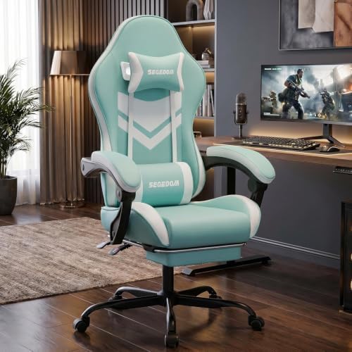 Gaming Chair with Footrest & Massage Lumbar Support, PU Leather Ergonomic High Back Swivel Height Adjustable Chair for Adults, Office Gaming, 300 lbs (Green White)