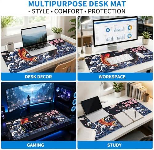 Extended Koi Fish Desk Mat, XL Large Gaming Mouse Pad, Japanese Great Wave Sakura Stitched Edges Waterproof with Non-Slip Rubber Base for Computer Keyboard Laptop Work Home Office 31.5"x11.8"