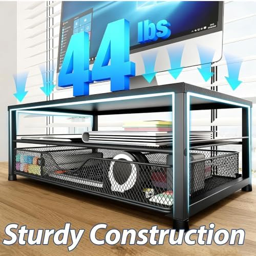 OPNICE Desk Organizers and Accessories, Computer Monitor Stand Riser with Drawer and 2 Pen Holders, Printer & Laptop Stand, Office Desk Accessories & Workspace Organizers for Home Office Supplies, Metal Black