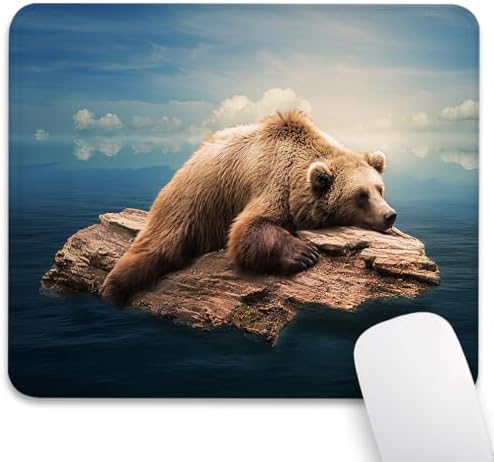 Grizzly Bear Mouse Pad, Wild Animal Resting on a Rock Calm Water Desk Mat